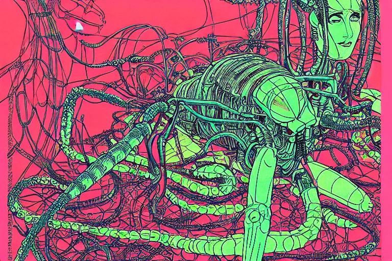 Prompt: risograph grainy drawing vintage sci - fi, satoshi kon color palette, gigantic fat mantis full - body covered with robot parts and wires, with lot tentacles, insects and dragonflies around, painting by moebius and satoshi kon and dirk dzimirsky close - up portrait