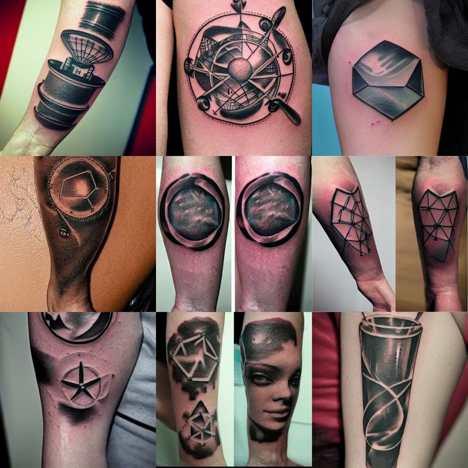 Prompt: small black tattoo of futuristic science, realistic, very detailed