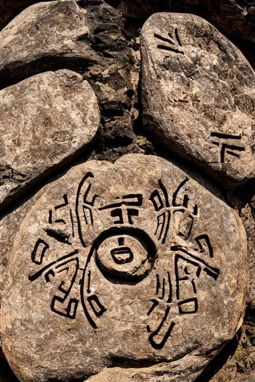 Image similar to 4 k photography of petroglyphs representing crosses, ufo, yin yang symbol on a cave