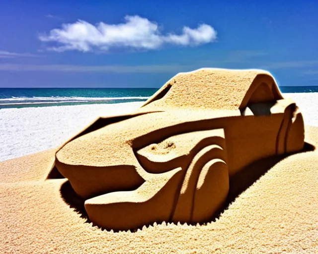 Prompt: sand sculpture of an old mustang car on a black sand beach