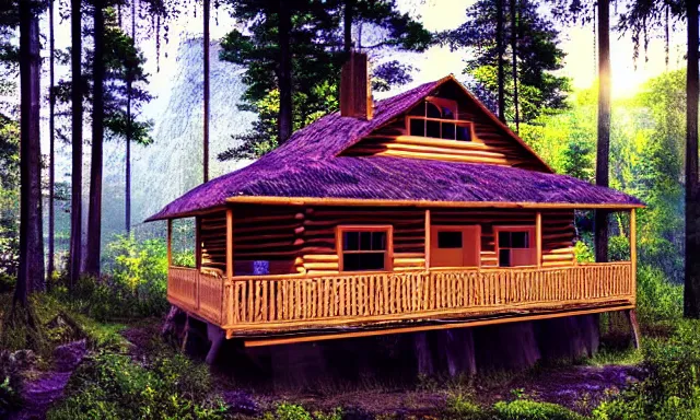 Image similar to golden log cabin in a vaporwave jungle, 4k, ultra realistic, award winning Photograph