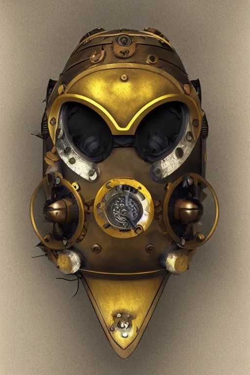 Image similar to steampunk mask minimalist fantasy art robot ninja helmet, global illumination ray tracing hdr fanart arstation by sung choi and eric pfeiffer and gabriel garza and casper konefal radiating a glowing aura