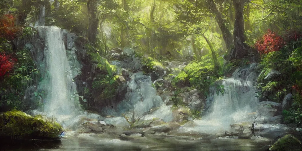 Prompt: a secret glade with waterfall, cinematic lighting, detailed oil painting, hyperrealistic, 8k