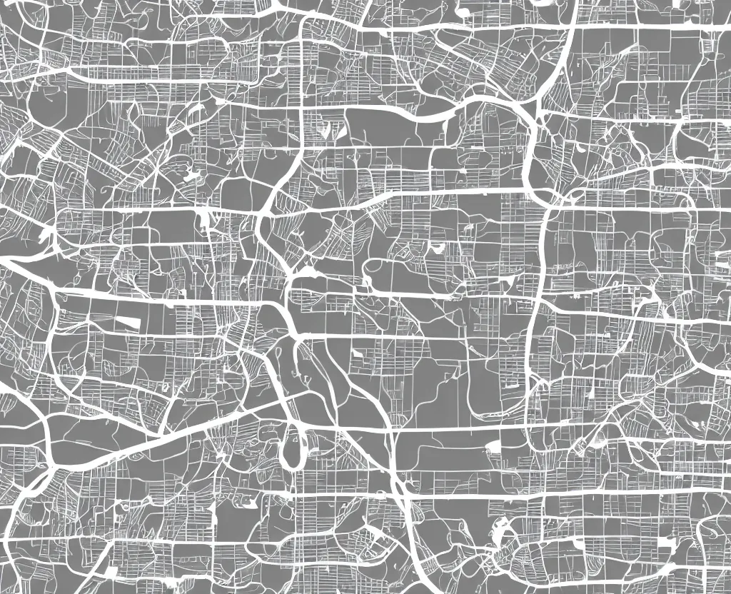 Prompt: Muted White on Grey Vector streets map of a little town with numerous little red circles marked