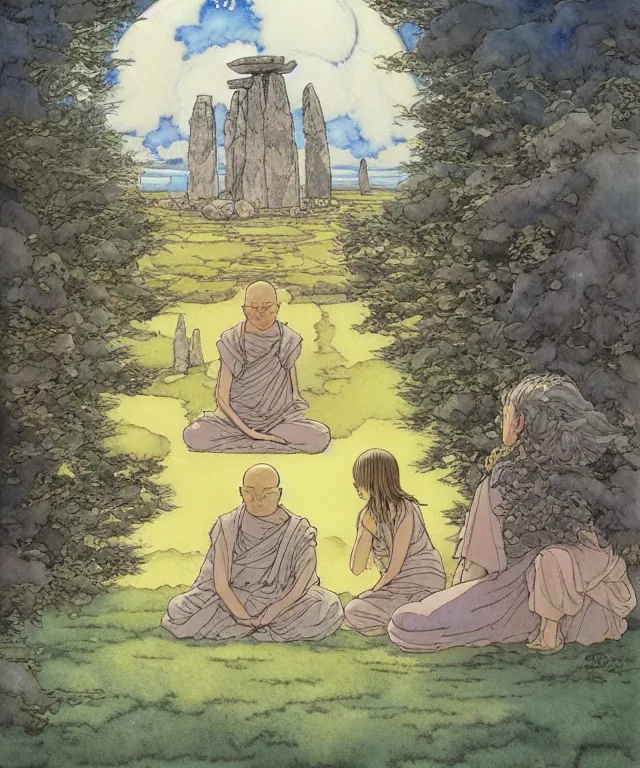 Image similar to a hyperrealist studio ghibli watercolor fantasy concept art. in the background is a giant long haired grey witch in lotus position sitting on top of stonehenge with a starry sky in the background. in the foreground is a group of tiny monks are on their knees. by rebecca guay, michael kaluta, charles vess