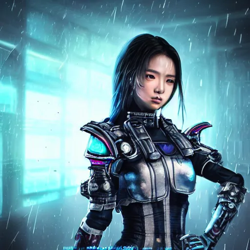 Prompt: An epic fantastic ultrarealism comic book style portrait painting of a female cyberpunk armor samurai, tzuyu from twice, blue and ice silver color armor, cyberpunk feel raining at tokyo rooftop, Concept world Art, unreal 5, DAZ, 8k, hyperrealistic, octane render, cosplay, RPG portrait, final fantasy artwork concept, dramatic lighting, rim lights