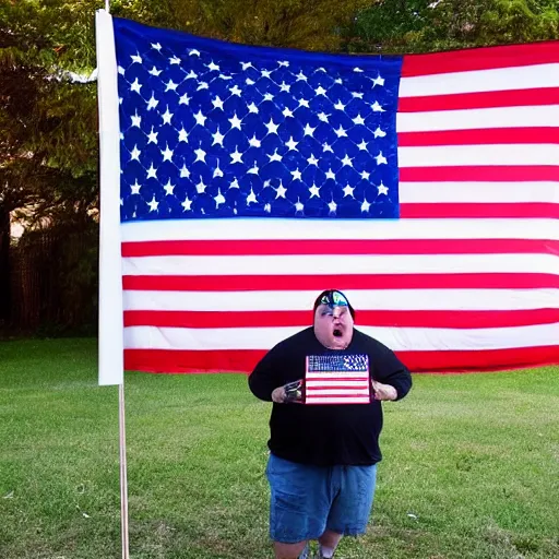 Image similar to An obese greasy goblin creature standing in front of the american flag attempting to look patriotic but failing, presidential nomination photo