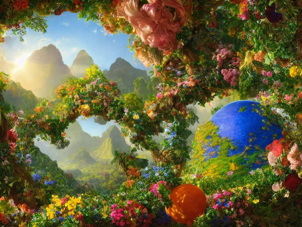 Image similar to kauai springtime, universe is a spheroid region 7 0 5 meters in diameter, sunlight study, art nouveau, by jan davidsz de heem and ( ( ( ( ( lisa frank ) ) ) ) ) and albert bierstadt, 8 k, extreme detail, sharp focus, octane render