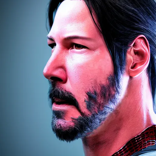 Image similar to Keanu Reeves as spiderman , muscle extremely detailed, fantastic details full face, mouth, trending on artstation, pixiv, cgsociety, hyperdetailed Unreal Engine 4k 8k ultra HD, WLOP