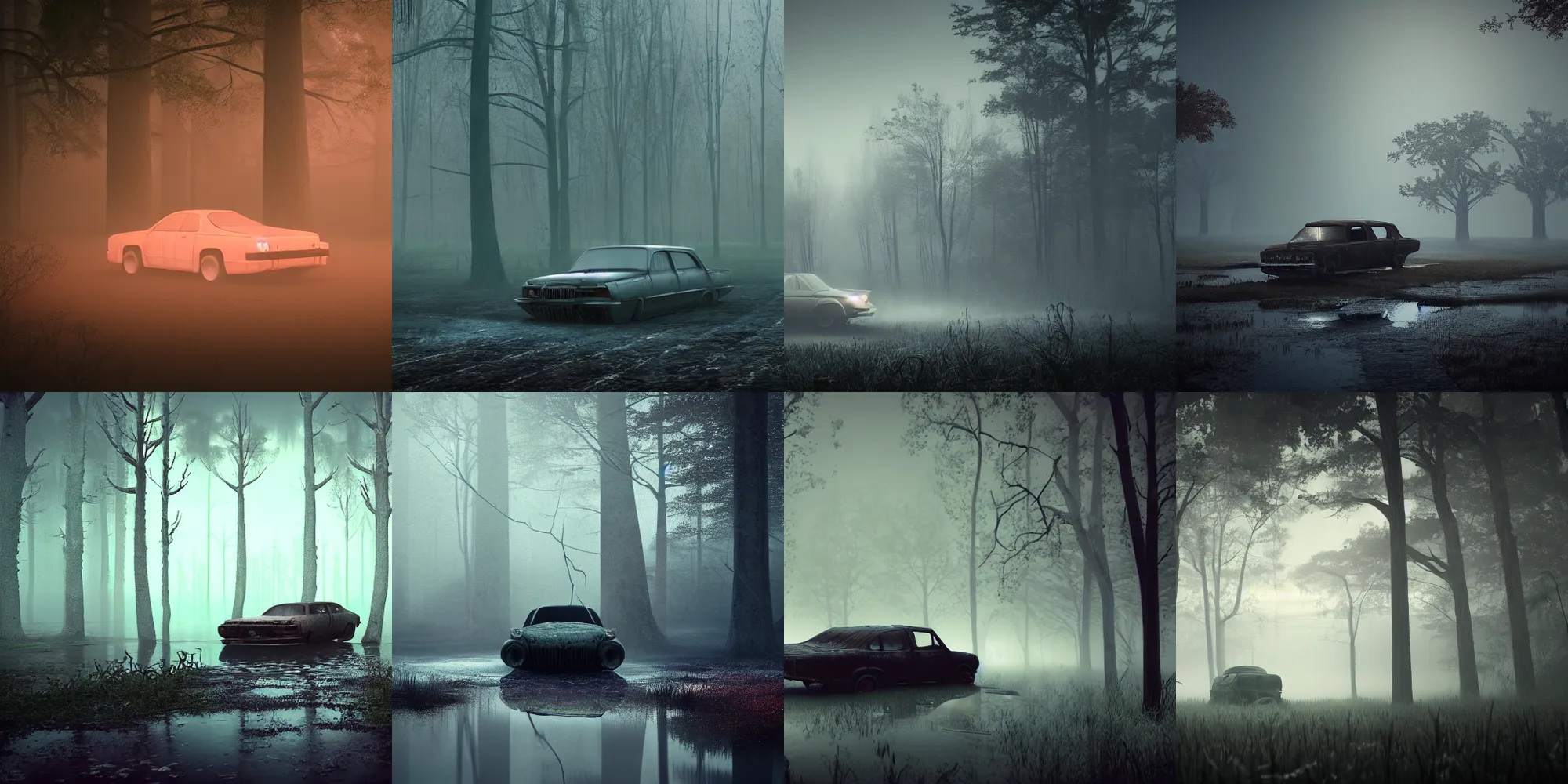 Image similar to beautiful dark creepy foggy swamp landscape, old abandoned car sinking, in the style of beeple and Mike Winkelmann, intricate, epic lighting, cinematic composition, hyper realistic, 8k resolution, unreal engine 5,