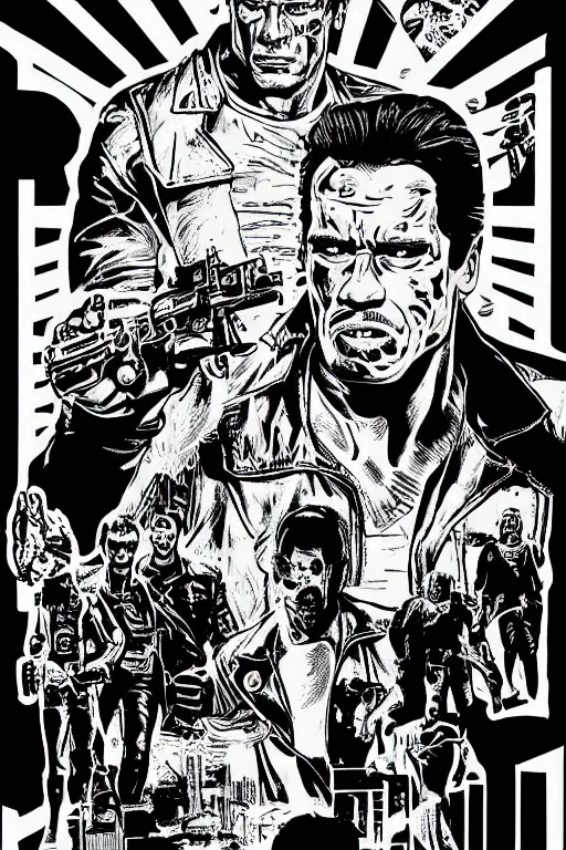 Image similar to arnold schwarzenegger as the terminator, a page from cyberpunk 2 0 2 0, style of paolo parente, style of mike jackson, adam smasher, johnny silverhand, 1 9 9 0 s comic book style, white background, ink drawing, black and white, colouring pages