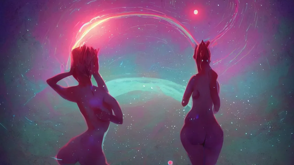 Image similar to one beautiful whimsical goddess standing in a lake basking in the moonlight, underneath a multi-colored binary blackhole with an accretion disc, glowing trails following her arms, acidwave, by Lois van Baarle, by Greg Rutkowski, by artgerm, by beeple, by studio ghibli, cinematic angle, volumetric lighting, 4k resolution, octane render, trending on artstation, masterpiece