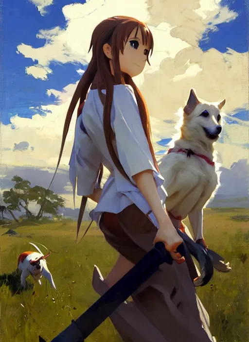 Image similar to Greg Manchess painting of Asuna Yuuki from SAO in casual wear out playing with the dogs, countryside, fantasy character portrait, dynamic pose, above view, sunny day, thunder clouds in the sky, artwork by Jeremy Lipkin and Giuseppe Dangelico Pino and Michael Garmash and Rob Rey, very coherent asymmetrical artwork, sharp edges, perfect face, simple form, wacky, 100mm