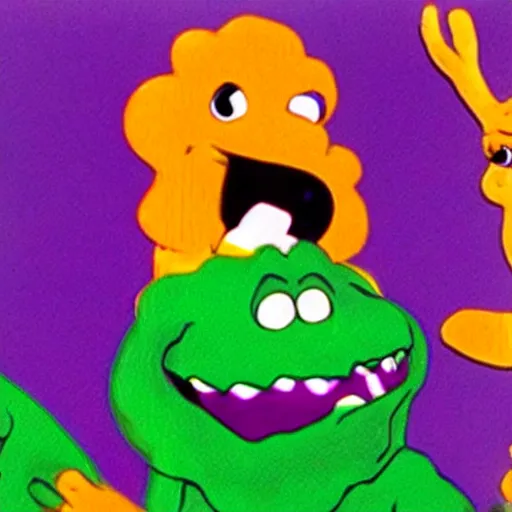 Prompt: a still from a liminal and frightening episode of Barney from 1995