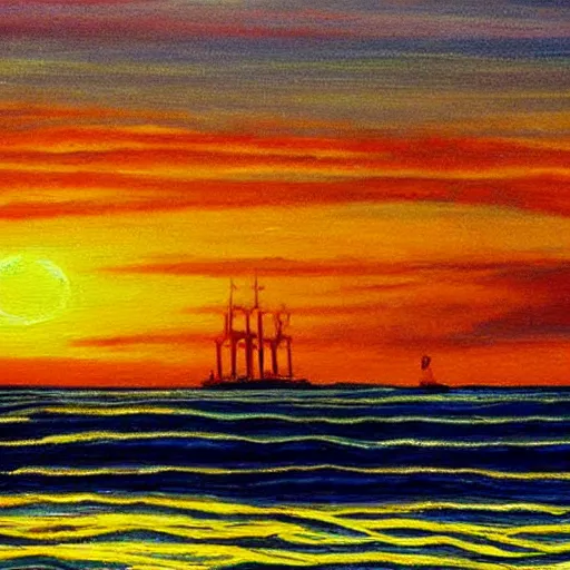 Image similar to A vivid painting of a ship leaving the dock on the day of reckoning. The sun is setting. Paradise is on the horizon.