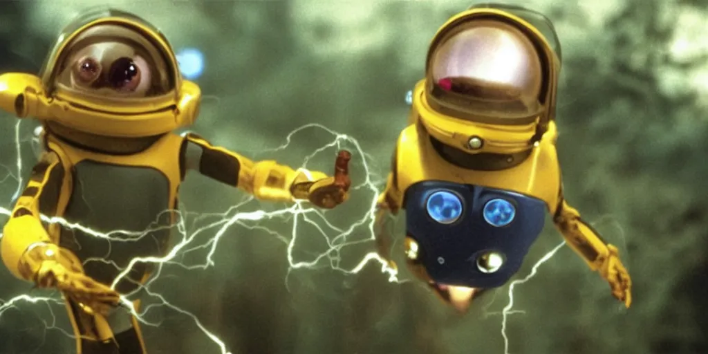Image similar to lightning bug descendant 1 million in the future has hands and a mouth with big eyes. the bug wears a spacesuit, and explores the cosmos in a spaceship. science fiction blockbuster movie bugs save the planet or the bug from saturn, silent running ( film ), sttng ( television ), arrival ( film ), lightyear ( film )