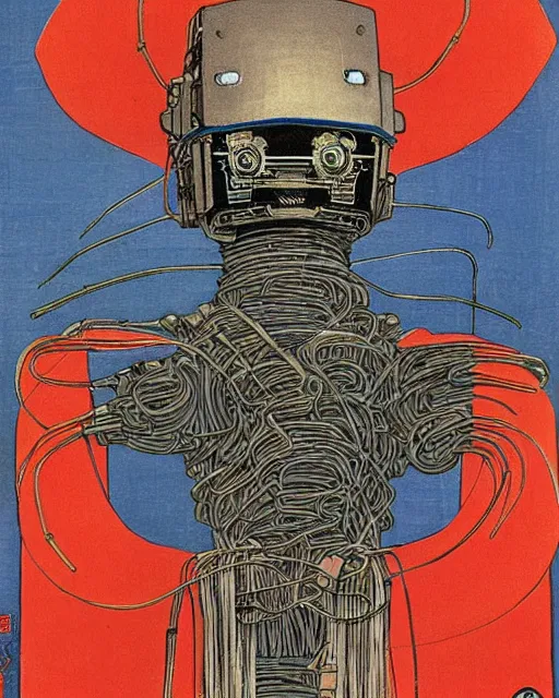 Image similar to Hiroshige portrait of a robot saint made of cables and robotic pod by Frank Frazetta