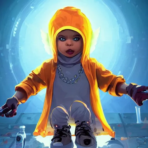 Prompt: baby Angel, baby cherub,wearing angel halo, ski mask, balaclava, face covered, wearing angel halo covered face, orange hoodie, hip hop, multiple golden necklaces, fantasy art apex fortnite Video game icon, 2d game art gta5 cover , official fanart behance hd artstation by Jesper Ejsing, by RHADS, Makoto Shinkai and Lois van baarle, ilya kuvshinov, rossdraws