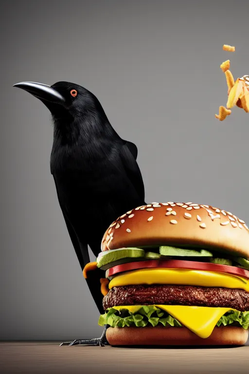 Prompt: a mc donalds commercial with a 3d Crow holding a Burger , commercial, 3d render, Mc donalds, 4k, sharp, by Beeple, Octane Render, cinema 4d