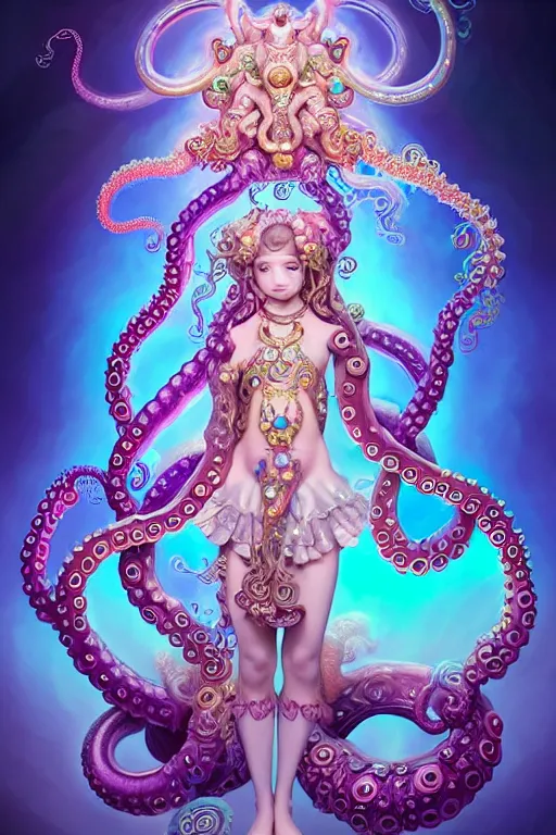 Prompt: A full body shot of a cute young magical girl wearing an ornate dress made of opals and tentacles. Monster GIrl. Subsurface Scattering. Dynamic Pose. Translucent Skin. Rainbow palette. Rainbowcore. defined facial features, symmetrical facial features. Opalescent surface. Soft Lighting. beautiful lighting. By Giger and Ruan Jia and Artgerm and WLOP and William-Adolphe Bouguereau and Loish and Lisa Frank. Fantasy Illustration. Sailor Moon. Masterpiece. trending on artstation, featured on pixiv, award winning, cinematic composition, dramatic pose, sharp, details, Hyper-detailed, HD, HDR, 4K, 8K.