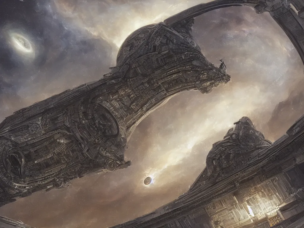 Prompt: goa'uld mausoleum spaceship, highly detailed, intricate, by Raphael Lacoste, Eddie Mendoza, Alex Ross, background of outer space nebulas by Pilar Gogar, concept art, matte painting, 8K HDR