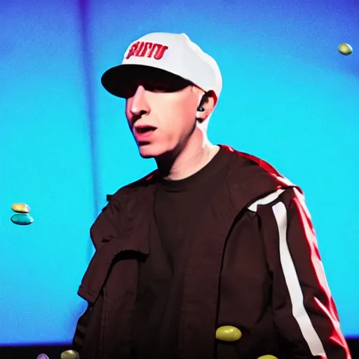 Image similar to still of an award - winning movie of eminem rapping on stage alongside a cartoon chocolate m & m candy, hyperdetailed, hdr, studio lighting, studio quality effects, epic!!!!!! 4 k, 8 k