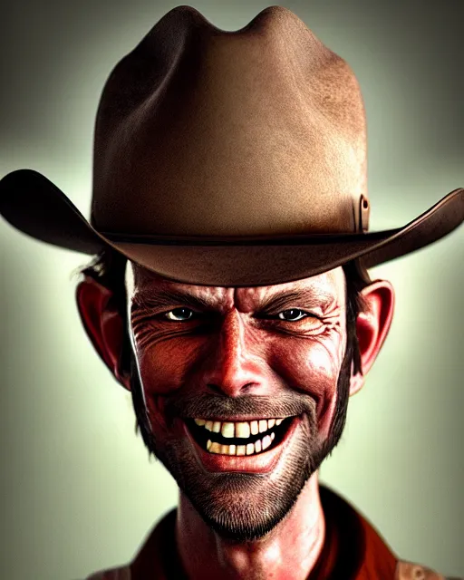 Image similar to portrait of a cursed grinning cowboy, ultra realistic, highly detailed, hd, sharp focus, cinematic lighting, shaded, mood lighting, realistic, photorealistic, vivid colors, painting, photograph, digital art, non blurry, sharp, smooth, illustration