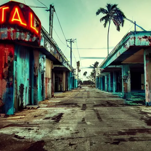 Image similar to low wide angle shot of dilapidated fallout 5 miami, tropical coastal city, desolate, dilapidated neon signs, few rusted retro futuristic vintage parked vehicles like cars, buses, trucks, trams, sunny weather, few clouds, volumetric lighting, photorealistic, daytime, spring, sharp focus, ultra detailed, 4 0 0 0 k