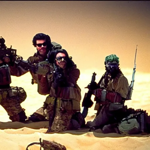 Prompt: special forces muppets fighting in a desert. photograph from action movie.