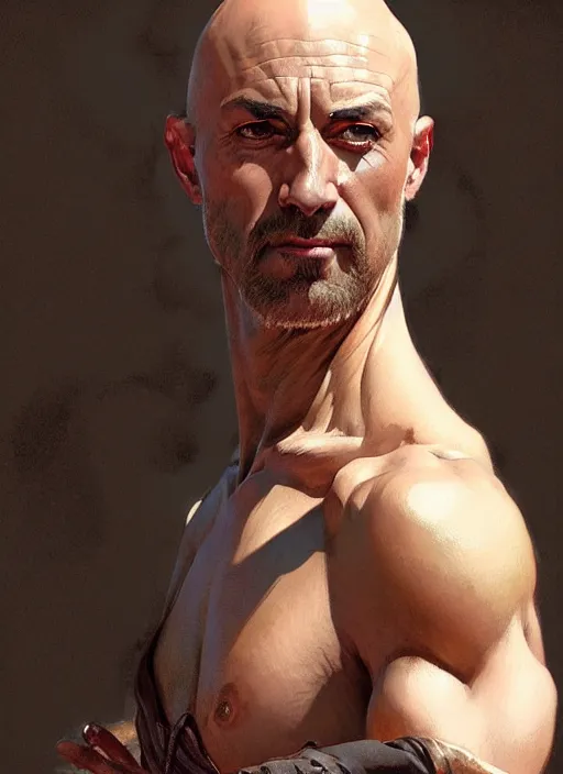 Image similar to Portrait of a man, bald, scarred! D&D, muscular, robes, intricate, elegant, highly detailed, digital painting, artstation, concept art, smooth, sharp focus, illustration, art by artgerm and greg rutkowski and alphonse mucha