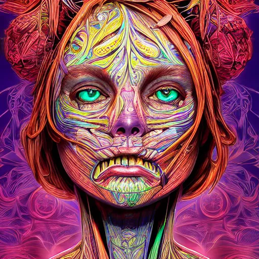 Image similar to the anatomical face of a ridiculously beautiful and pretty woman partially made of onion rings of all colors looking up, an ultrafine detailed illustration by james jean, final fantasy, intricate linework, bright colors, behance contest winner, vanitas, angular, altermodern, unreal engine 5 highly rendered, global illumination, radiant light, detailed and intricate environment