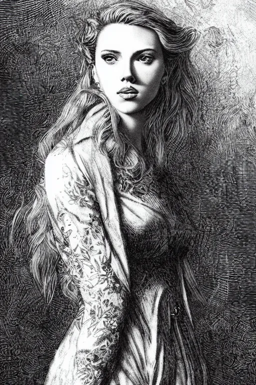 Prompt: scarlett johansson, full engraving ink by gustave dore