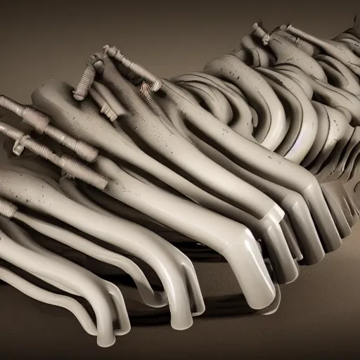 Prompt: an arrangement of ceramic pipes in the shape of vocal tracts ejecting a pattern of fractal jet streams of air , xenomorph, highly detailed , 8k , octane ,