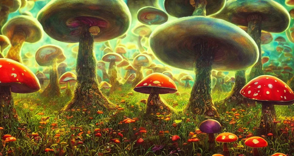 Image similar to a beautiful painting of trippy mushrooms by Tokio Aoyama, Mario Martinez, David Normal. photorealistic, trending on artstation, dramatic lighting, 8K, fantasy beautiful, surreal, cinematic.