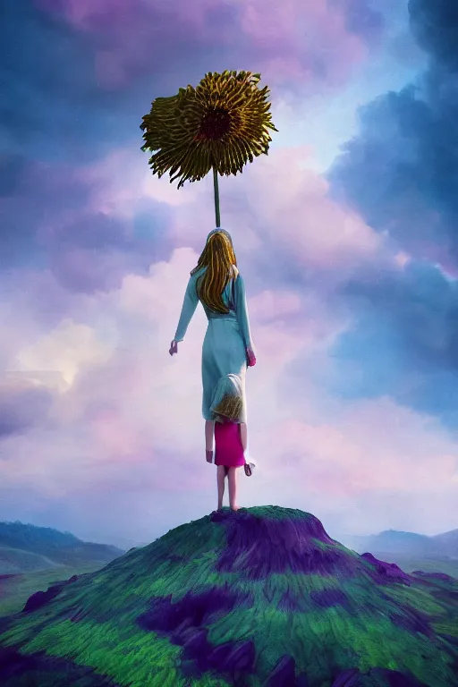 Image similar to closeup giant dahlia flower under head, girl standing on mountain, surreal photography, blue storm clouds, dramatic light, impressionist painting, digital painting, artstation, simon stalenhag