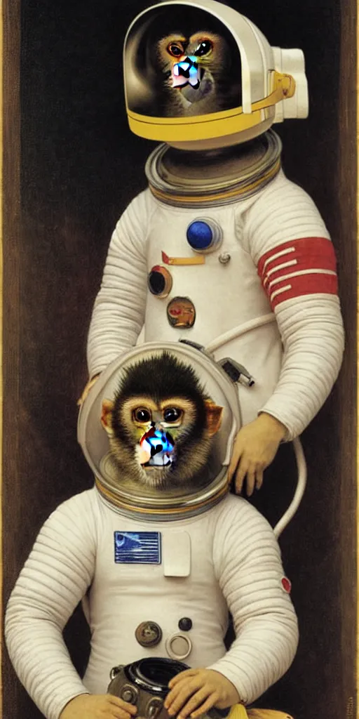 Prompt: portrait of a monkey wearing a spacesuit and an astronaut helmet, by bouguereau