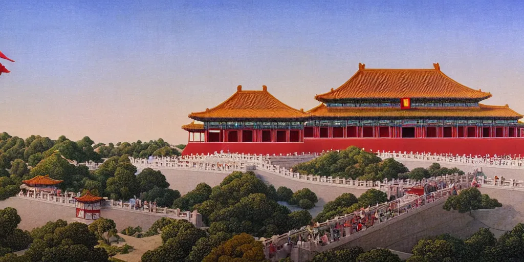 Image similar to forbidden city on the cliff, 4 k, wide - angle lens ， cinematic ， painting by wes anderson and hasui kause and scott listfield maxfield parrish