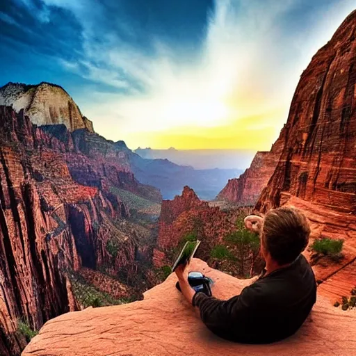 Image similar to award winning cinematic still of man studying the bible in zion national park, rock formations, colorful sunset, epic, cinematic lighting, dramatic angle, heartwarming drama directed by Steven Spielberg, wallpaper