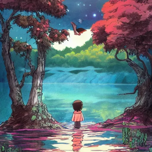 Image similar to a beautiful lake, fantasy art, fresh and bright illustration, animated film, by studio ghibli