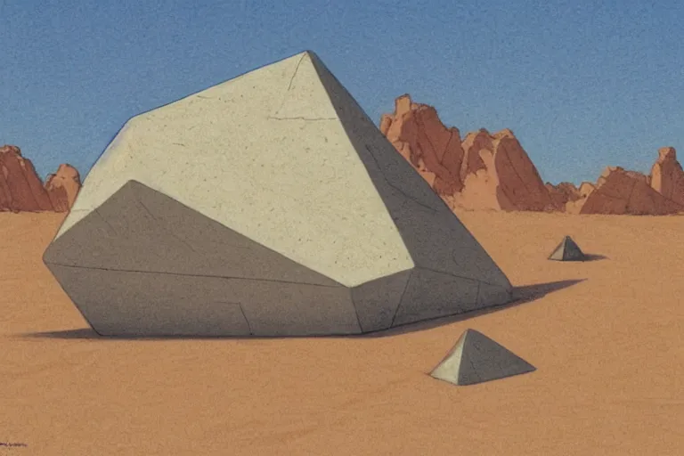 Image similar to giant stone octahedron floating above the desert concept sketch by joe johnston and nilo rodis - jamero and ralph mcquarrie and norman reynolds