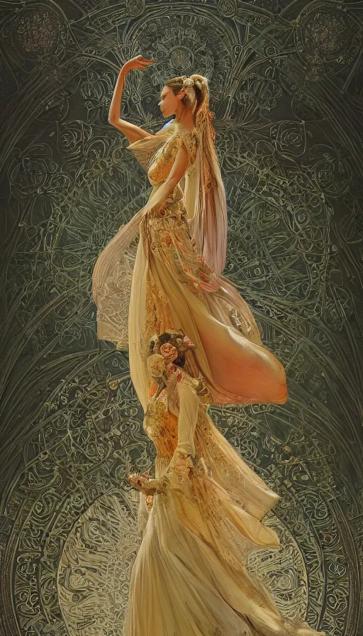 Image similar to dance meditation, madison beer, long beautiful voluminous medieval court dress with train and embroidered flowers, highly detailed, glowing, action pose, cinematic, art deco, gold filigree, ethereal, alfonso mucha, zdzisław beksinski, andrei ryabovichev, shaun tan, chriss foss, peter mohrbacher, 4 k