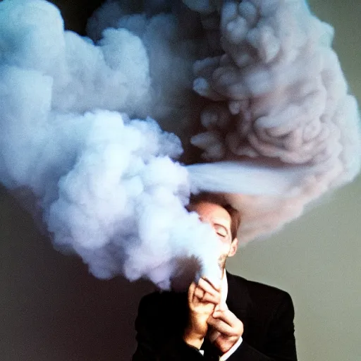 Image similar to barney exhaling a large cloud of smoke, beautiful award winning professional surreal marijuana photography