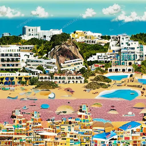 Prompt: a poster for a holiday in ibiza, where the island is badly damaged due to global warming, photorealistic