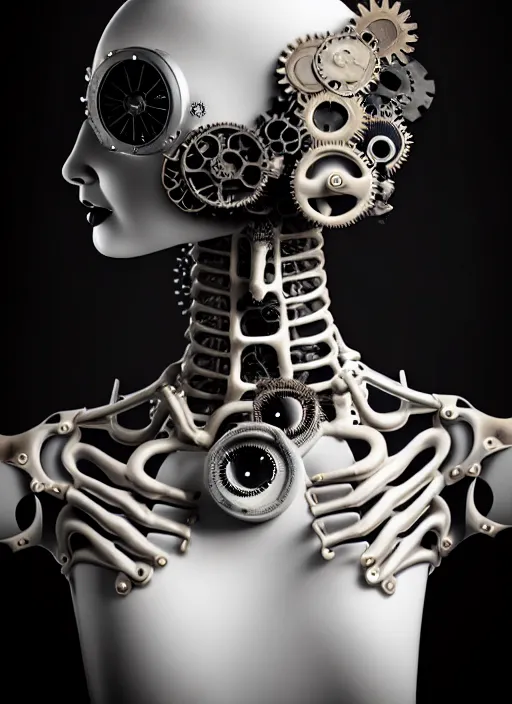 Image similar to black and white dreamy foggy profile face portrait, one steampunk eye biomechanical beautiful young female cyclope - cyborg - robot bust, body ribs meshes,, volumetric light, hibiscus flowers, by hg giger, rim light, by dora maar and cecile beaton, big gothic fashion pearl embroidered collar, 8 k