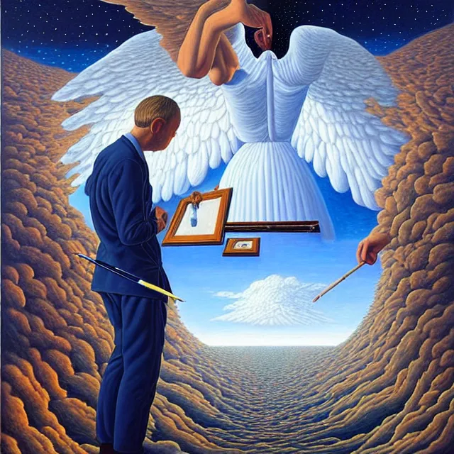 Prompt: an oil on canvas portrait of a man painting a portrait of a beautiful angel, surrealism, surrealist, cosmic horror, rob gonsalves, high detail