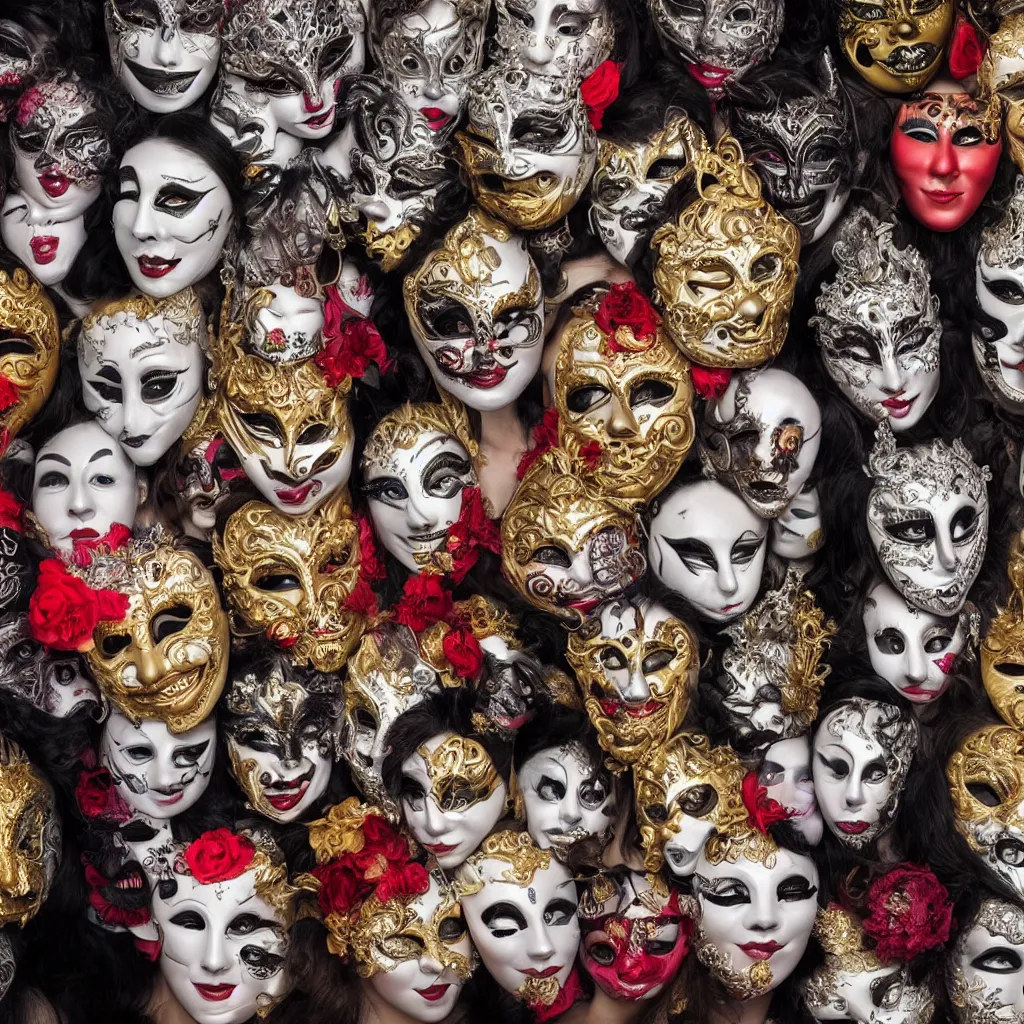 Image similar to An amalgamation of many faces is wearing Venetian masks, as a bizzare photo of the year portrait winning photography