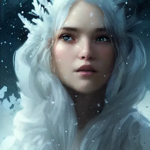 Image similar to a beautiful portrait of an winter goddess with ice hair by Greg Rutkowski and Raymond Swanland, snowflakes falling, Trending on Artstation, ultra realistic digital art