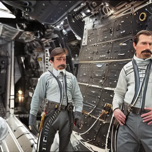 Prompt: wyatt earp and doc holliday, standing on the deck of a spacecraft inspired by the movie interstellar, high detail, high fidelity