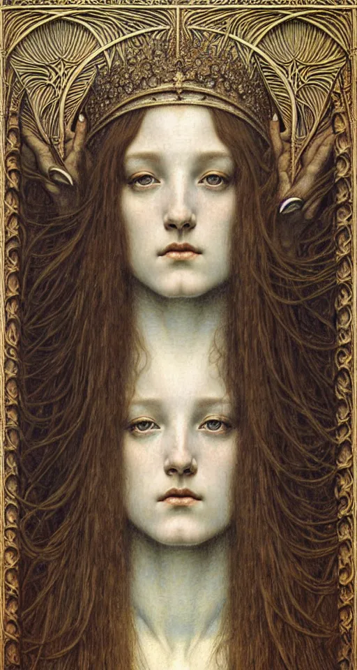 Image similar to detailed realistic beautiful young medieval queen face portrait by jean delville, gustave dore and marco mazzoni, art nouveau, symbolist, visionary, gothic, pre - raphaelite. horizontal symmetry