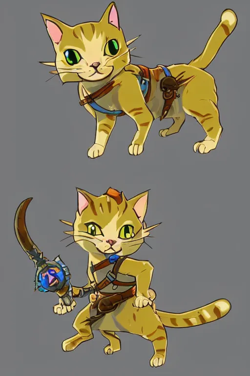 Image similar to in game footage of a cat from the legend of zelda breath of the wild, breath of the wild art style.